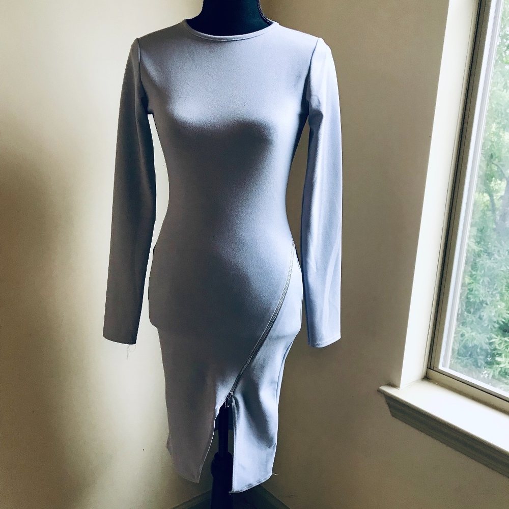 Ice Grey Zipper Detail Midi Dress